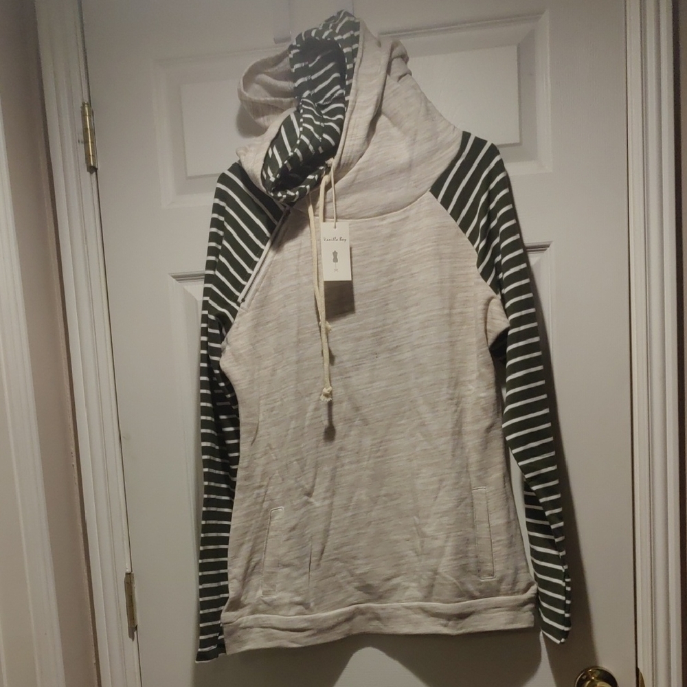 Vanilla Bay Double Hoodie With Zipper And Stripe Detail And Thumbholes.